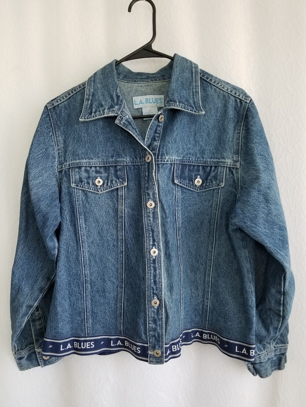 Vintage Y2K L.A. Blues Cropped Jean Jacket Logo Border Size S